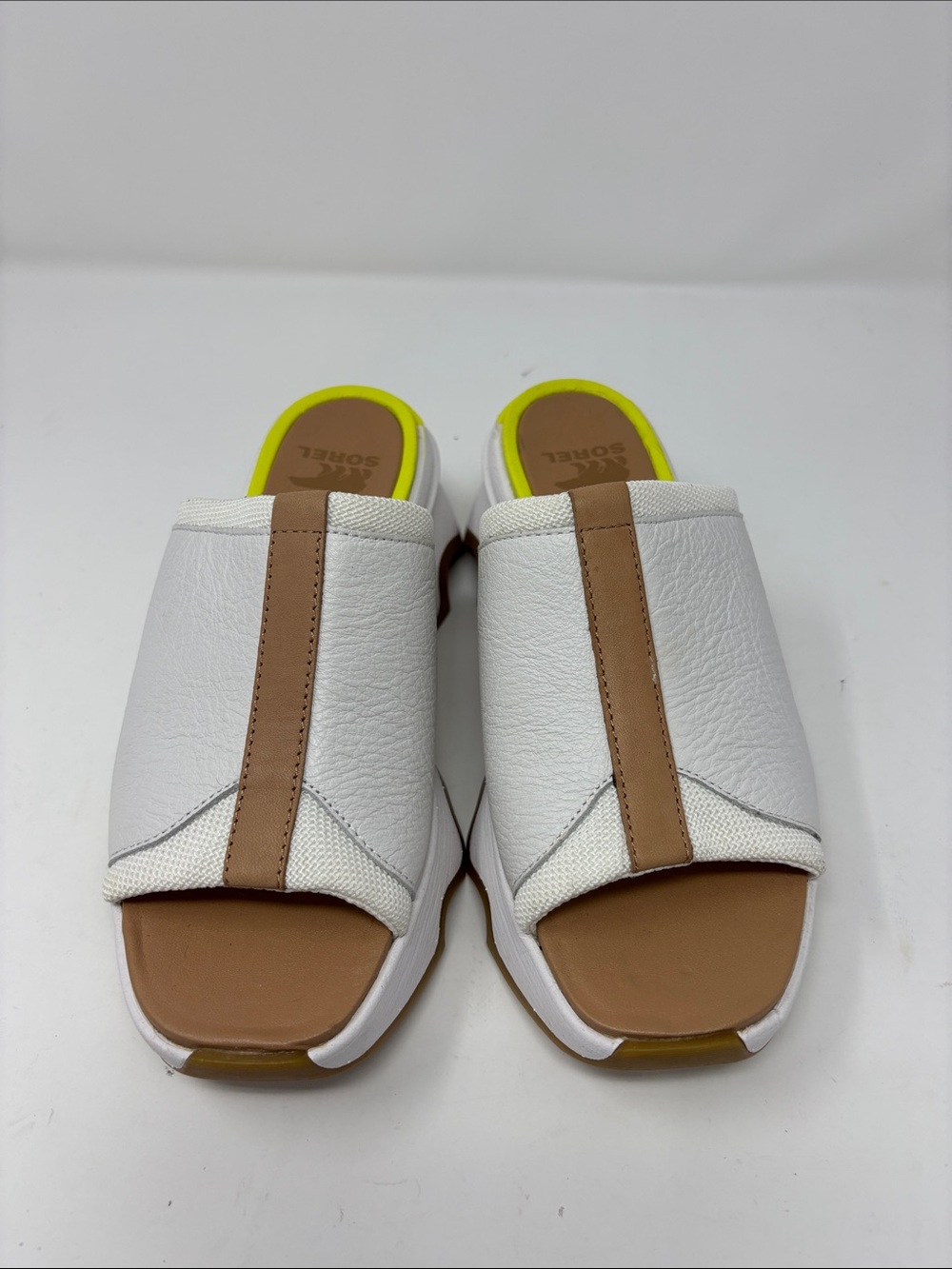 Sorel White & Tan Slip-On Slide Mules with Neon Accent